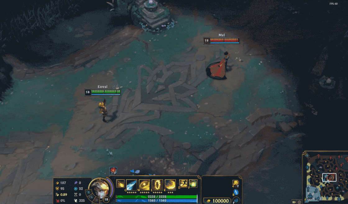 Ezreal Q hitting Mel