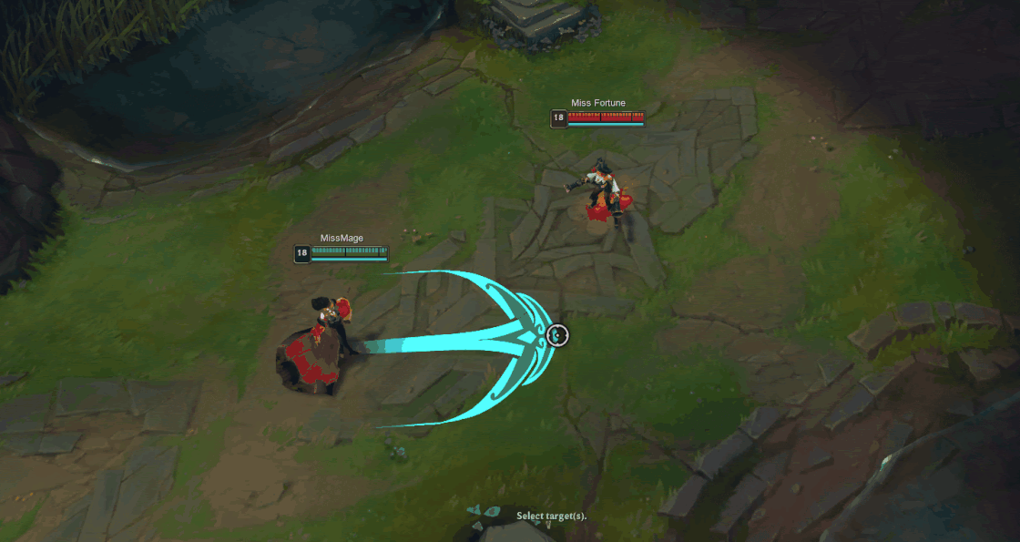 Early prototype of Mel reflecting Miss Fortune’s Q (her W used to be a dash)