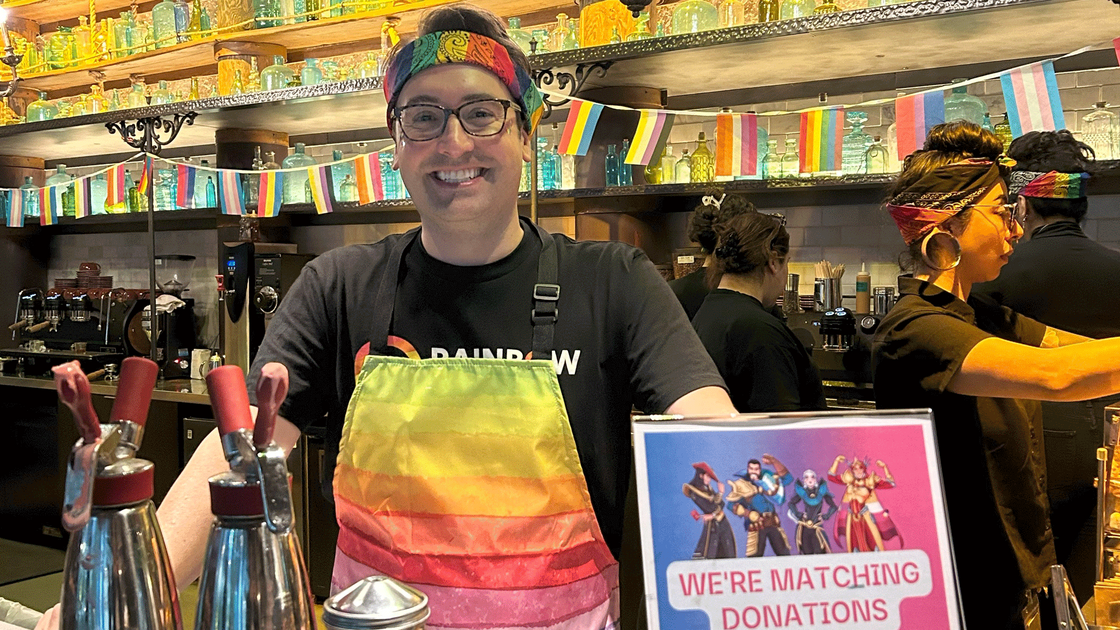 Jeremy Lee, the Executive Producer of League of Legends, serves coffee for Pride Month to help promote donation matching at Riot Games for LGBTQIA+ charities.