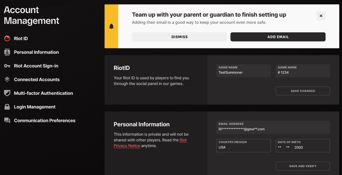 Riot Games account management page prompting parents to add their email to gain access to the parent portal.