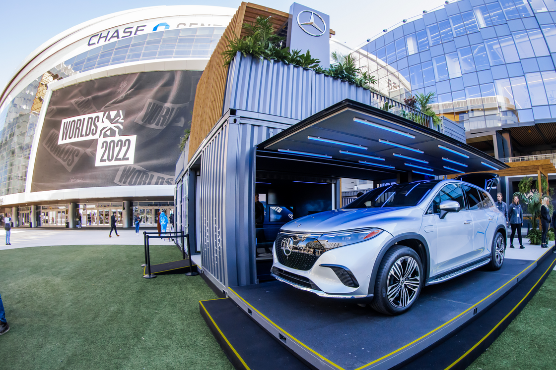 Mercedes-Benz showcases their EQS SUV at the EQ House during the 2022 Worlds Fan Fest in San Francisco